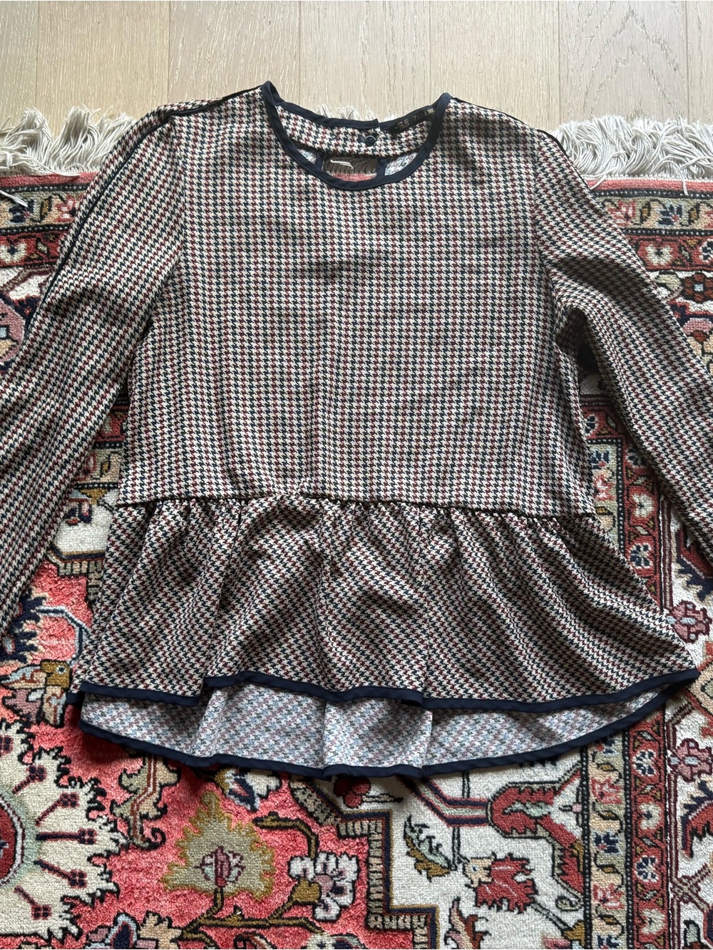 Zara Black and Cream Houndstooth Peplum Blouse